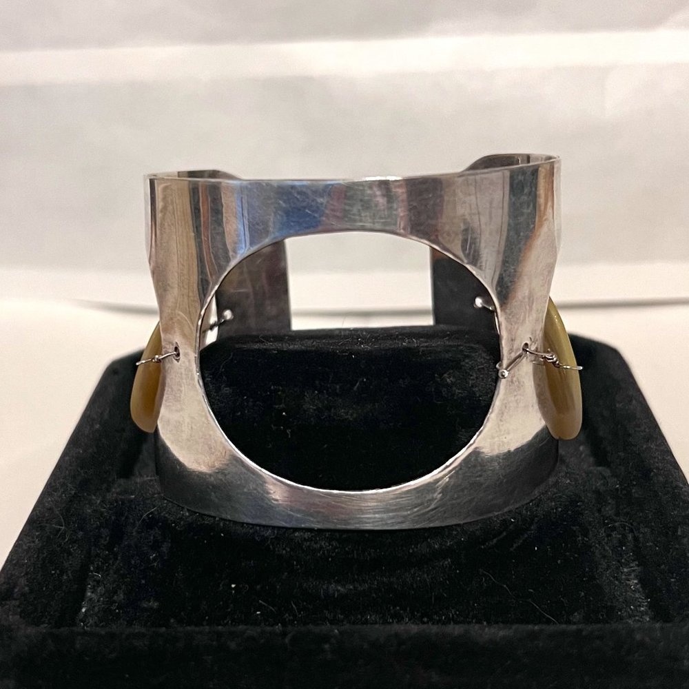 Vintage Artisan Modernist 925 Sterling Silver & Shell  Mexico Cuff Bracelet